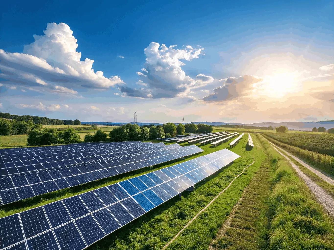 A vibrant image of a solar power plant in operation, set against a clear blue sky, representing the positive environmental impact of New Energy's projects.
