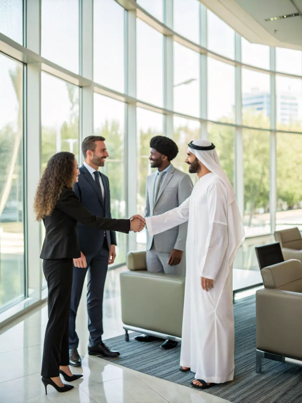 A diverse group of professionals shaking hands in a modern office, representing New Energy's strong partnerships with key industry players.