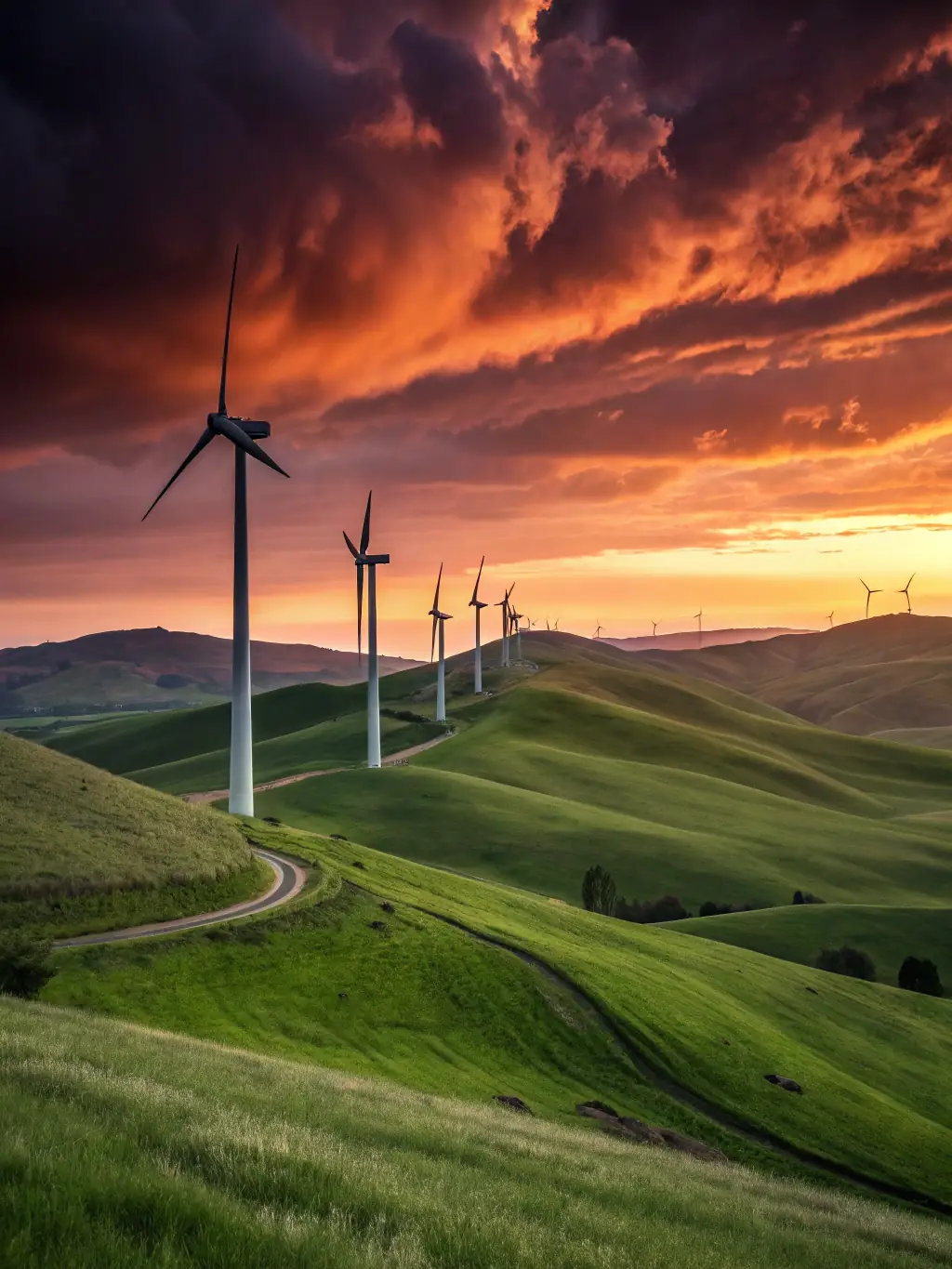 A wind turbine farm at sunset, representing New Energy's commitment to renewable energy and a sustainable future.